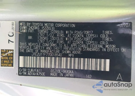 2007 Toyota Fj Cruiser z USA, uszkodzony, nr VIN JTEZU11F770018540